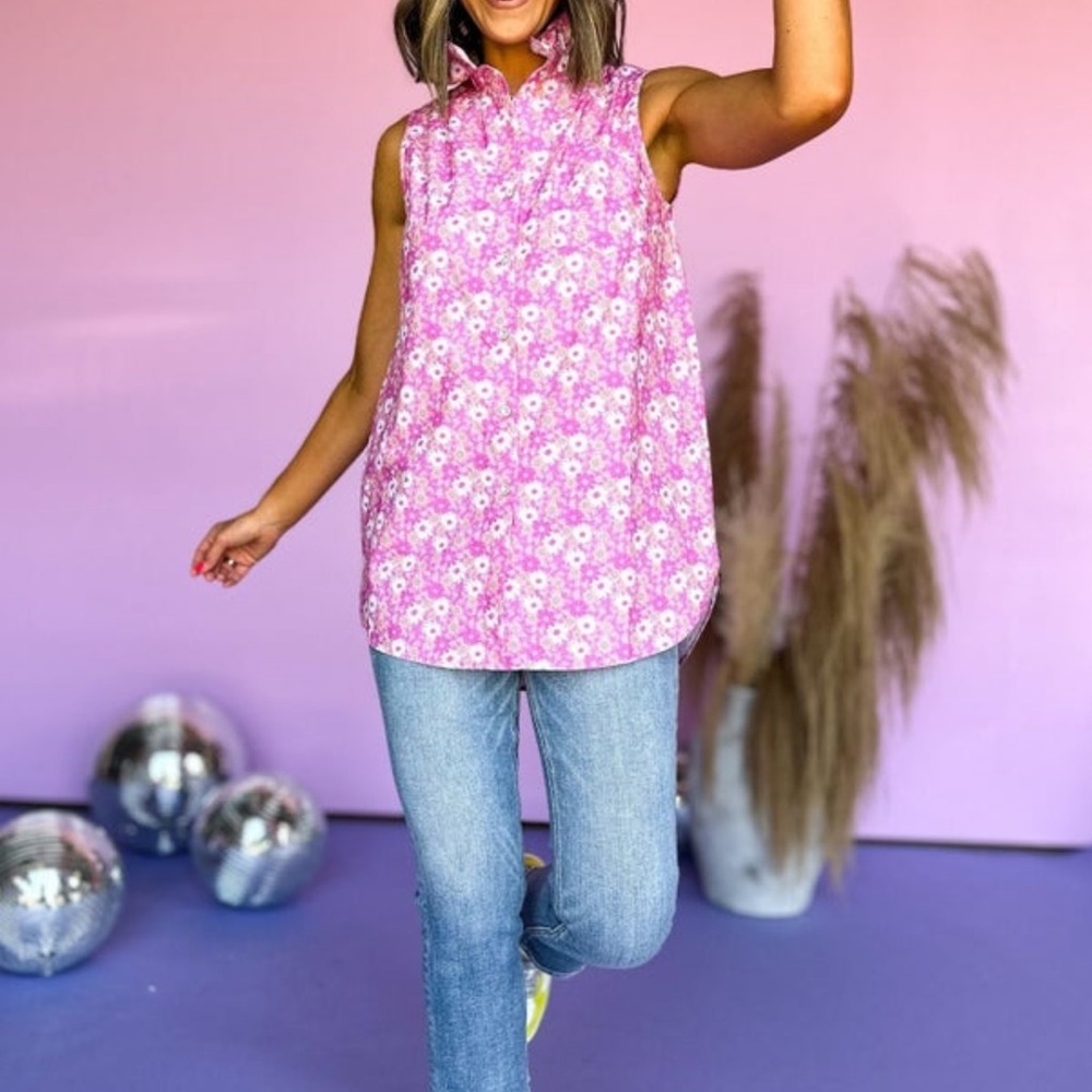 SSYS Neon Floral Sleeveless Ruffle Collar Poplin Top - Picture 2 of 5